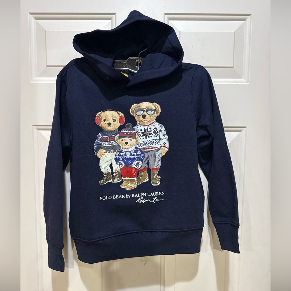 Polo Ralph Lauren Boys Polo Bear Fleece Hooded Sweatshirt Navy Sz M (10-12 Year)